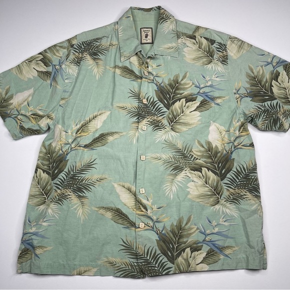 Jamaica Jaxx Silk Hawaiian Shirt Button Green Floral Tropical Island Summer XL - Picture 1 of 14